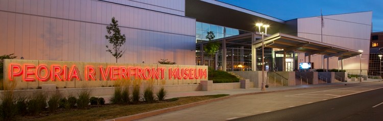 The exterior of the Peoria Riverfront Museum, in downtown Peoria